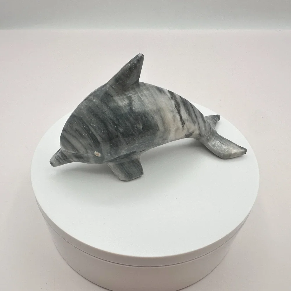 Vintage 90s Dolphin Figurine Gray Marbled Soapstone Ocean Home Decor Accessories